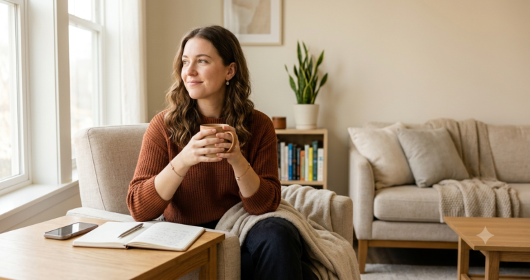 A young adult holds a mug thoughtfully in a bright living room next to a journal and phone on a side table