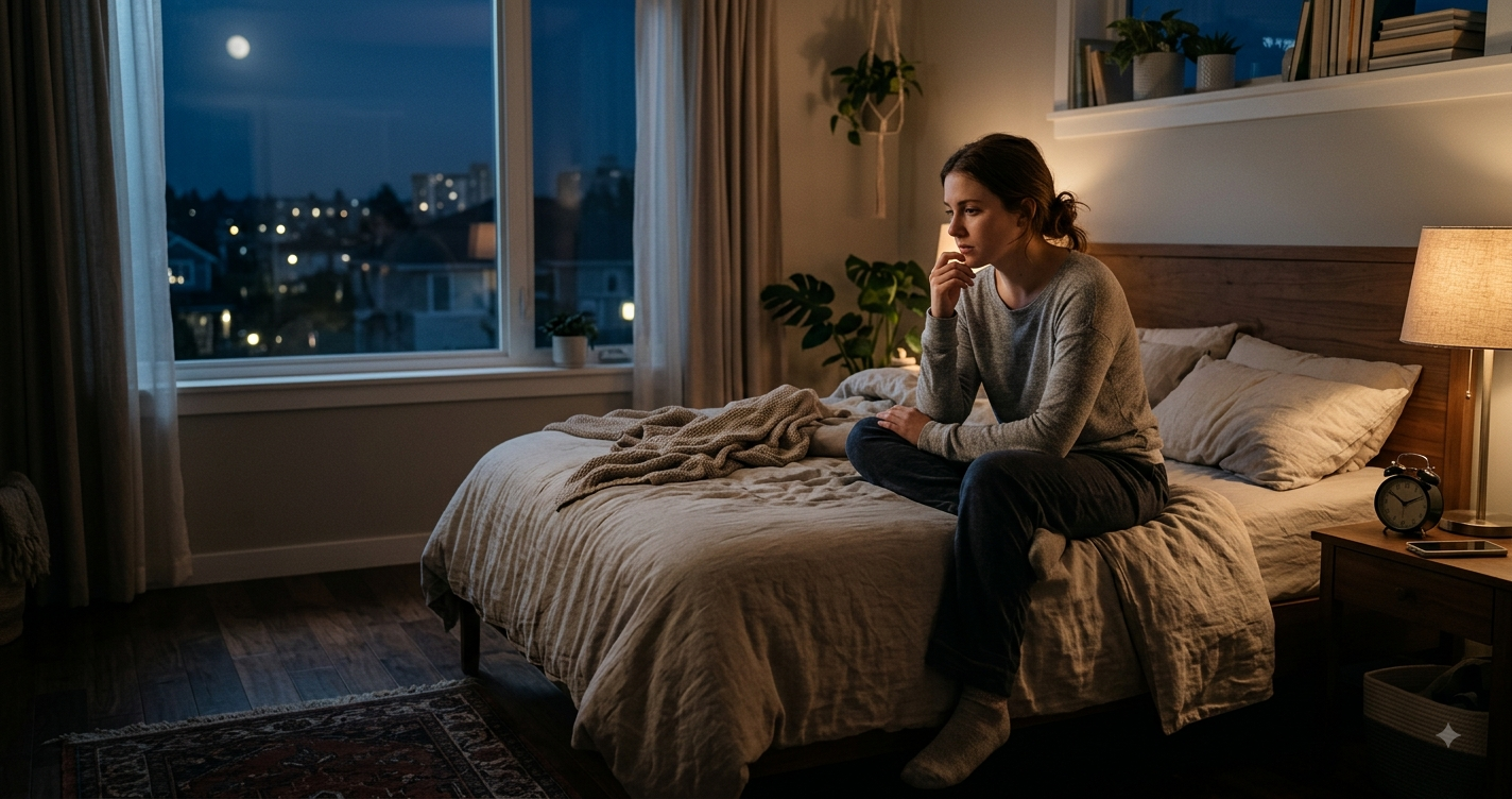 A young woman sits thoughtfully on her bed at night, illuminated by soft moonlight and a lamp.