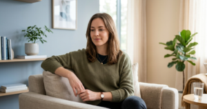 A young woman sitting thoughtfully in a modern, calming wellness space with balanced lighting.