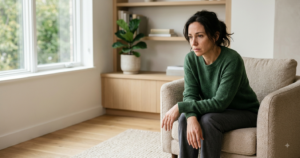 A thoughtful woman sitting in an armchair in a softly lit, modern room with copy space on the left.