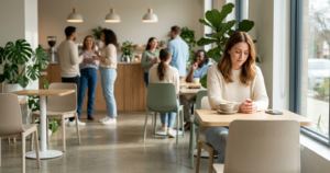 A young woman sitting alone at a cafe table looking down, while blurred groups socialize in a bright, modern background.