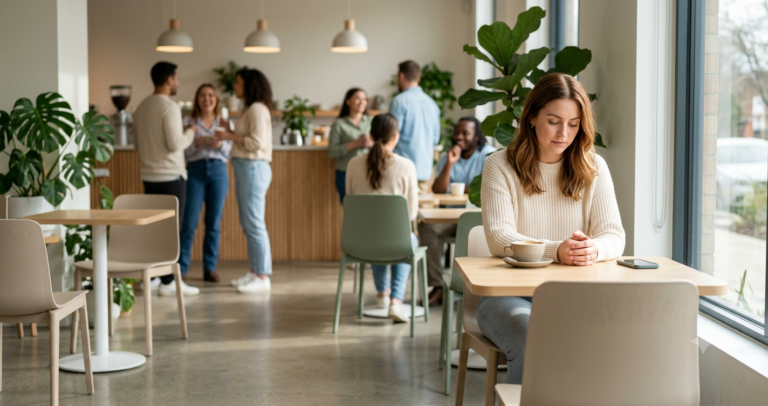 A young woman sitting alone at a cafe table looking down, while blurred groups socialize in a bright, modern background.