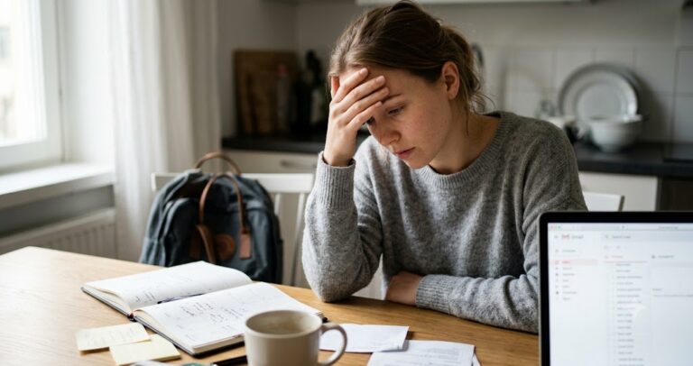 A thoughtful woman sitting at a table with a laptop, planner, and coffee, holding her hand to her head in moment of stress and fatigue.