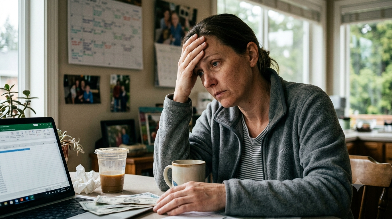 A stressed American woman sitting at a home kitchen table looking overwhelmed in front of a laptop and bills.