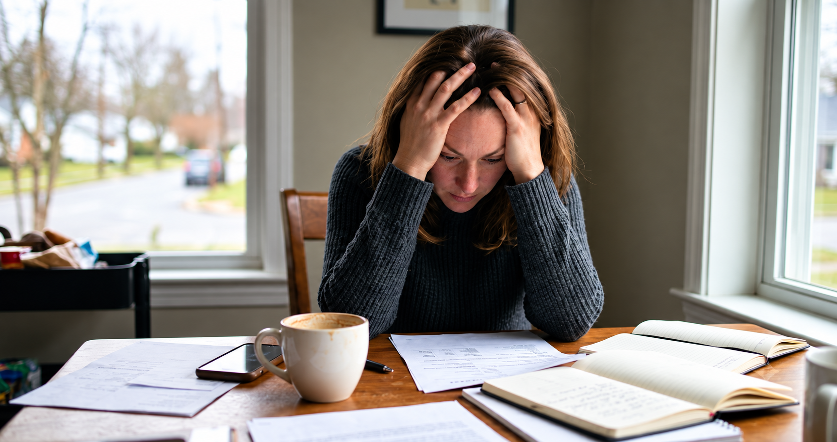 A stressed woman sitting at a desk with her head in her hands, surrounded by paperwork, open notebooks, and a coffee mug.