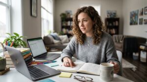 A woman sitting at a desk with a laptop and open planner, focusing thoughtfully on managing her work tasks.