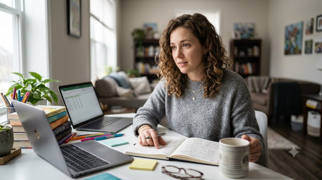 A woman sitting at a desk with a laptop and open planner, focusing thoughtfully on managing her work tasks.
