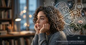 Woman overthinking with tangled thoughts and question marks.