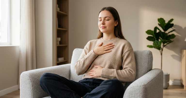 Young woman practicing deep breathing in a armchair with hands on chest and abdomen.