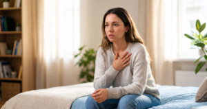 A woman sitting on the edge of a bed placing her hand over her chest while experiencing physical symptoms of anxiety.