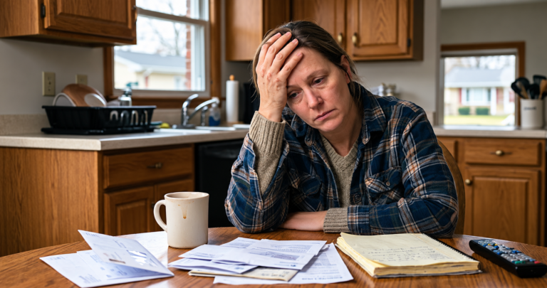 A middle-aged woman sits alone at a kitchen table, looking exhausted and distressed. She is leaning her head on her hand. The image features text in the foreground.