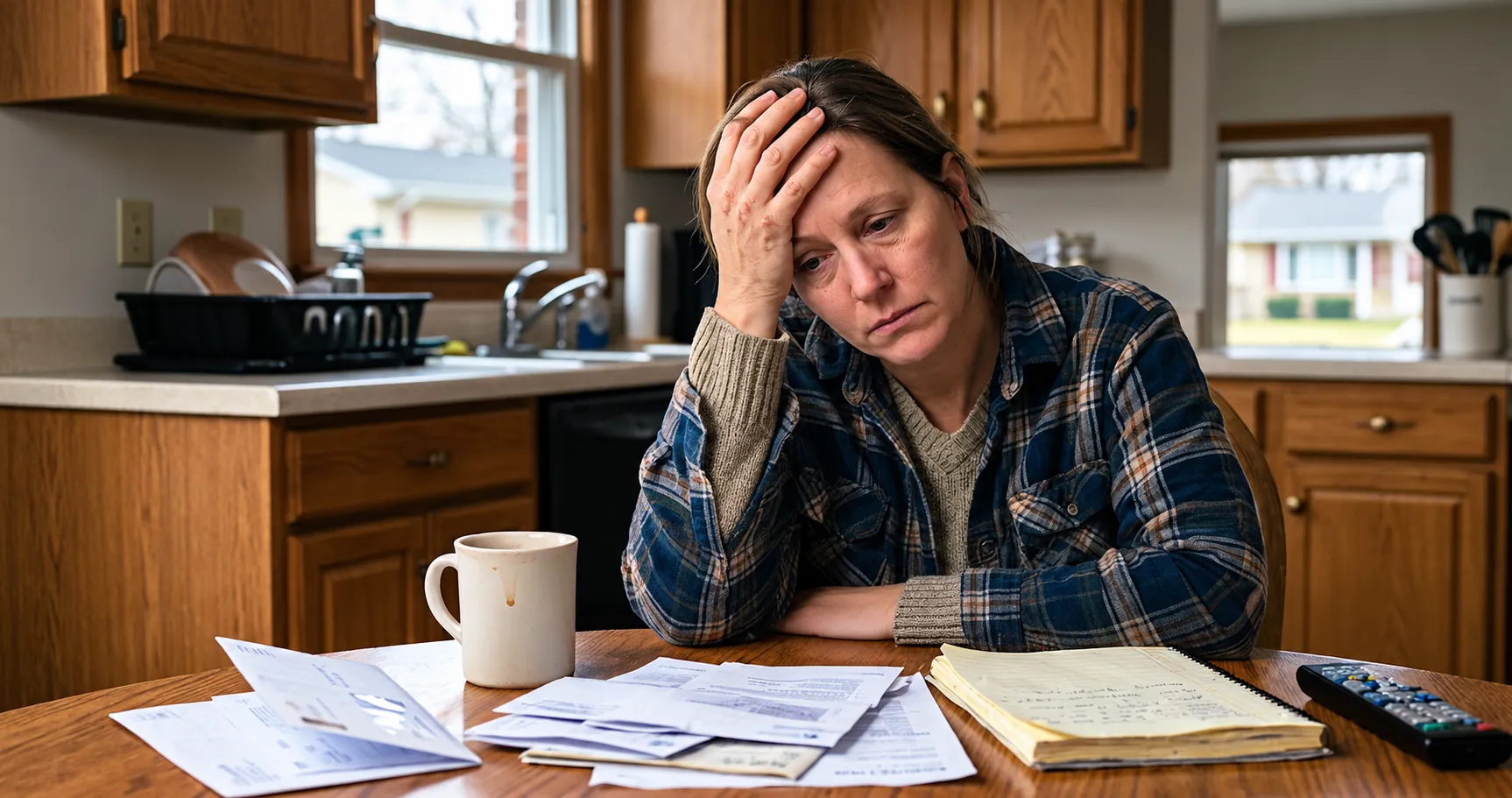A middle-aged woman sits alone at a kitchen table, looking exhausted and distressed. She is leaning her head on her hand. The image features text in the foreground.
