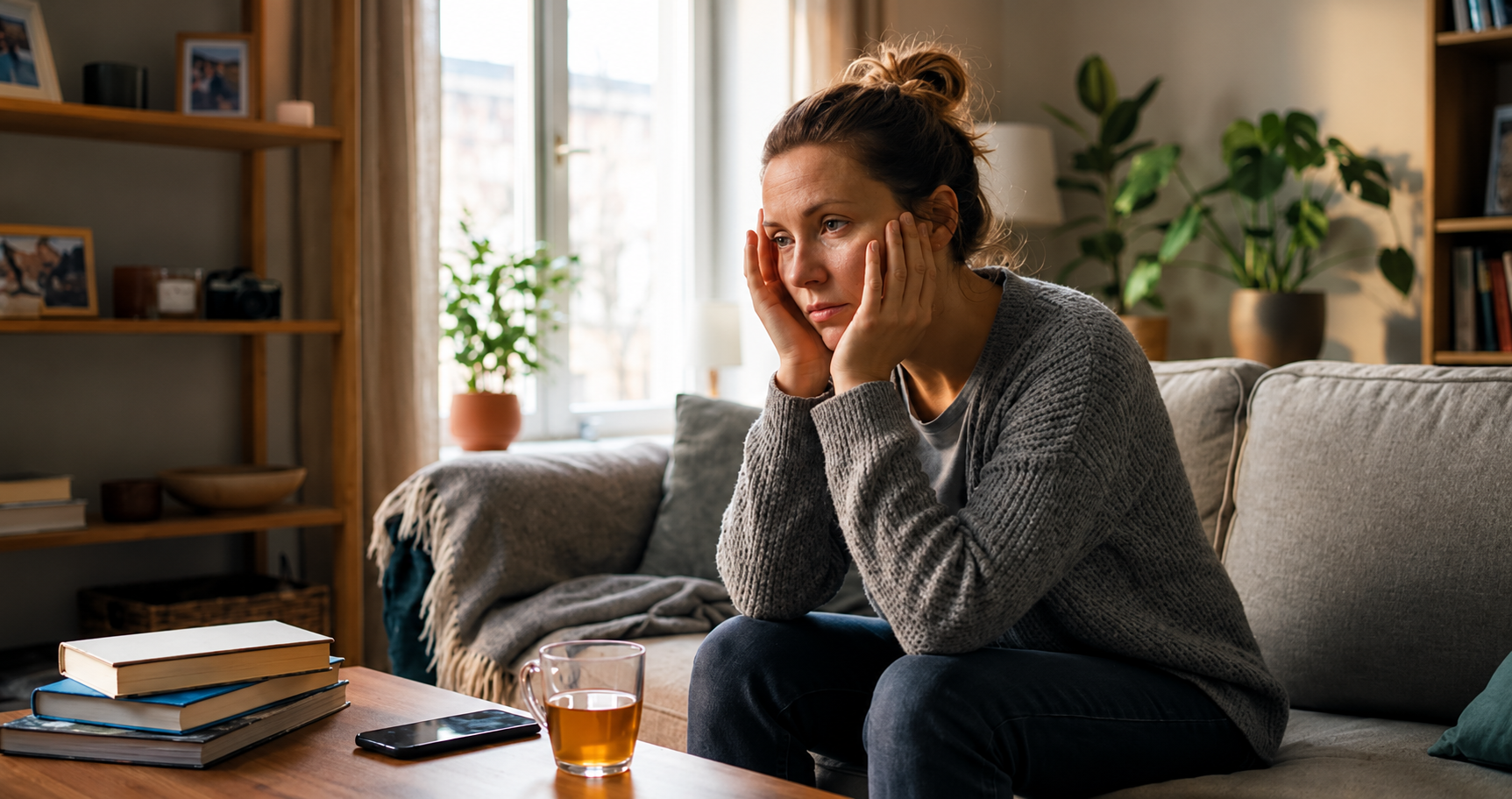 An exhausted woman sitting on a couch resting her head in her hands in a cozy living room.