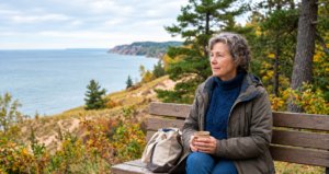 Older woman sitting alone on a park bench overlooking a scenic Michigan lake during autumn, reflecting deeply.