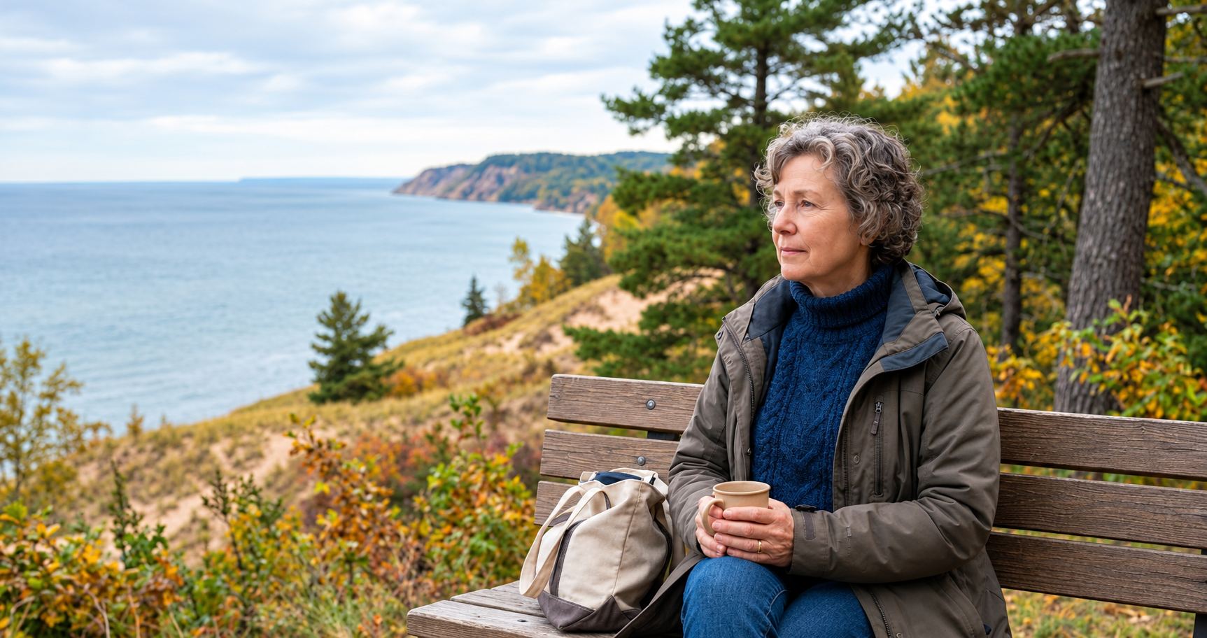 Older woman sitting alone on a park bench overlooking a scenic Michigan lake during autumn, reflecting deeply.