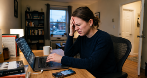 A photo of a woman with her hand on her head in a pained expression while working at a desk with a laptop and other tech devices.