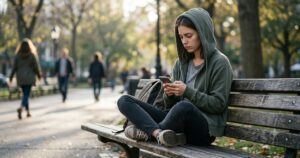 A young adult sitting alone on a park bench looking down at a smartphone, wearing a hoodie and cross-legged in a subtle, thoughtful mood.