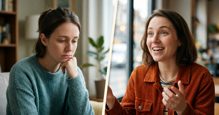 Split image of a woman showing contrasting quiet and high-energy mood states, illustrating bipolar disorder symptoms.