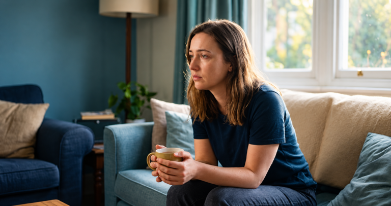 A young woman sitting on a couch holding a mug with a contemplative expression, in a cozy living room.