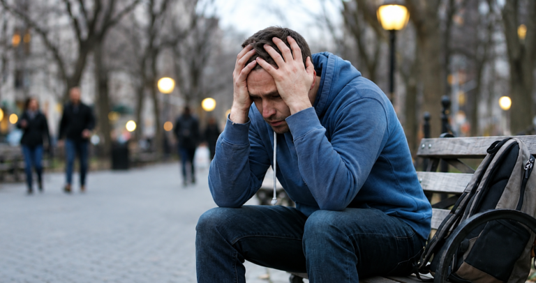 A distressed man sitting on a park bench holding his head, representing signs of worsening mental health.