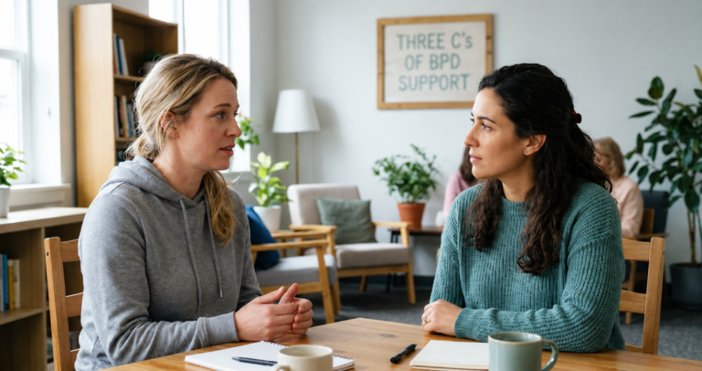 Two women sitting at a table having a supportive, empathetic conversation in a brightly lit room.