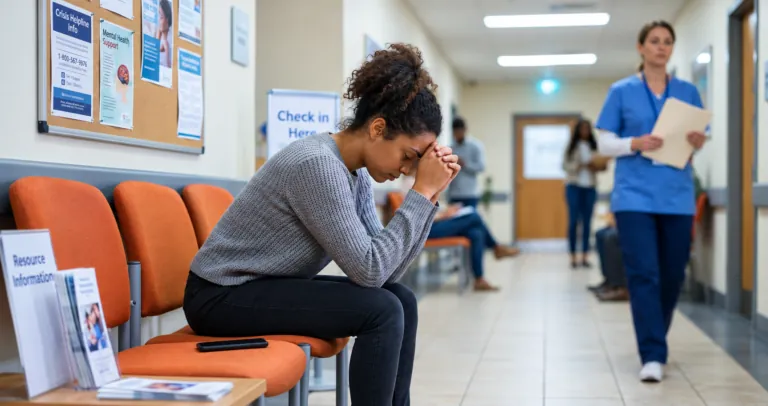 A thoughtful woman sitting alone in a clinic waiting room, representing barriers to mental health care