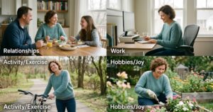 A four-panel photo showing a woman living a full life with fibromyalgia: dining with her family, working on a computer at a desk, walking with a bicycle on a scenic path, and gardening outdoors.