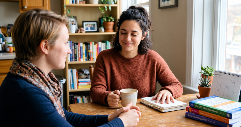 Two women sitting at a table with coffee and a journal, sharing a calm moment.
