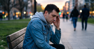 Man looking distressed and contemplative on a bench, representing the invisible struggles of mental health.