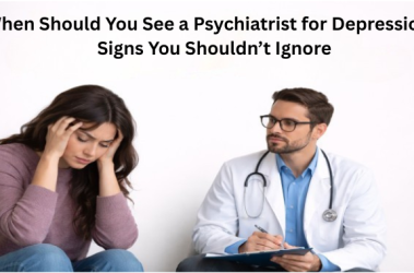 Woman sitting distressed while a doctor takes notes during a mental health consultation.